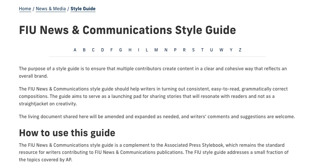 Screenshot of FIU News & Communication style guide